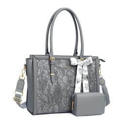 MOSISO Laptop Tote Bag for Women, 15.6-16 inch PU Leather, Compatible with MacBook, HP, Dell, Asus Notebook, Front Embossed Retro Hibiscus Computer Bag with Silk Scarf & Clutch Purse, Gray