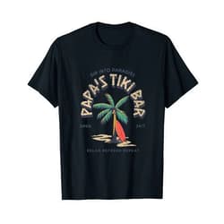 BizzyflyUSA Papa's Tiki Bar Vintage Surfboard Dad Palm Tree Beach Funny T-Shirt