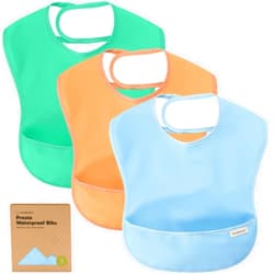KeaBabies 3-Pack Waterproof Baby Bibs for Eating - Lightweight Baby Bib with Food Catcher, Mess Proof Toddler Bibs, Waterproof Bibs for Baby Boys, Baby Girls, Feeding Bibs, Drool Bibs, Baby Food Bibs (Basics)