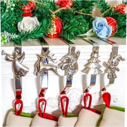XENTUMI Christmas Stocking Holder for Mantle Set of 5, Reusable Christmas Stocking Hooks, No-Damage Xmas Hanger for Fireplace Mantle Grip Stand Christmas Decoration Ornaments Hanging Sliver Shelf Floor