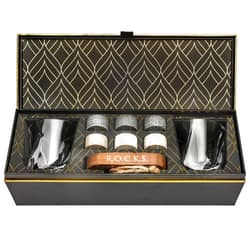 ROCKS WHISKEY CHILLING STONES Whiskey Chilling Stones Gift Set - 6 Handcrafted Premium Granite Round Sipping Rocks - 2 Crystal Superior Glasses - Hardwood Presentation & Storage Tray - Elegant Gold Foil Gift Box by R.O.C.K.S.