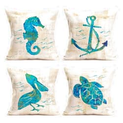 Asamour Mediterranean Style Throw Pillow Case Ocean Park Sea Animal Design Cotton Linen Throw Pillow Cushion Cover Square Home Sofa Pillowcase Set of 4,18’’x18’’,Sea Turtle, Sea Horse, Pelican, Anchor