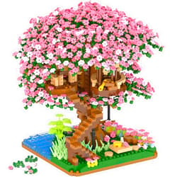 Tikmos Peach Blossom Pond Micro Building Blocks Set Toys for Kids and Adults, Mini Cherry Bonsai Tree House with LED String Lights DIY Japanese Sakura Street Model Chinese Bricks Architecture Kit Teens Gift