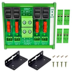 OONO DC Power Distribution Module, Rocker Switch, Fused, Pluggable Top Wiring Terminal Block, DIN Rail and Screw Mount (4 Channel)