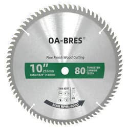 OA-BRES 10-Inch Miter/Table Saw Blades, 80-Tooth ATB TCT Fine Finish Wood Cutting Circular Saw Blade with 5/8 Inch Arbor