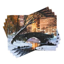 Lunarable NYC Place Mats Set of 4, New York City Manhattan Central Park Panorama in Winter Bridge Freezing Lake at Dusk, Washable Fabric Placemats for Dining Table, Standard Size, Black White