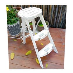 MADPIE 3-Tier Folding Plant Stand,Round Wooden Ladder Shelf Plant Shelf, Flower Standing Display Rack Storage Shelf, for Home's Porch Indoor Outdoor Patio Lawn Garden (Color : Retro White)