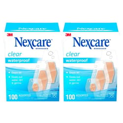 Nexcare Waterproof Adhesive Bandages, Clear, Assorted Sizes, 100 Count (Pack of 2) – Stays On in Shower or Pool with 360 Degree Seal That Blocks Water, Dirt & Germs