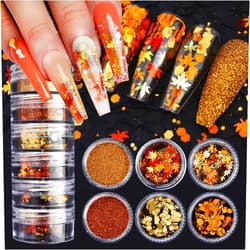 ZDIWOO 6 Boxes Maple Leaf Nail Art Glitter 3D Holographic Fall Nail Sequins Maple Leaf Confetti Nail Glitter Flakes Designs Thanksgiving Nail Art Stickers Thick Hexagon Nail Sequins for Women Acrylic Nail