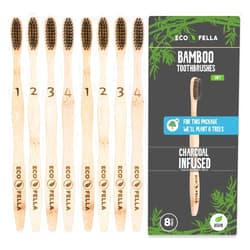 ECOFELLA Natural Bamboo Tooth Brush Set | for Every Set WE Plant 8 Trees | Charcoal Bristles for Teeth Whitening | 8X BPA Free & Soft for Sensitive Gums | for Adults & Kids | Incl. Zero Waste Ebook
