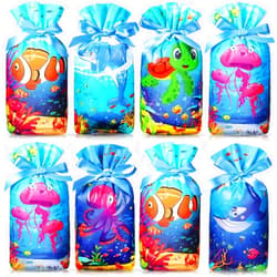 Tiamon 60 Pcs Under The Sea Gift Bags Birthday Decorations Supplies Ocean Sea Bulk Plastic Bags with Ribbon Drawstring Colorful Sea Life Goodie Candy Bags for Ocean Themed Mermaid Party Supplies