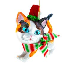 BestPysanky Cozy Cat in Santa Hat and Scarf Glass Christmas Ornament
