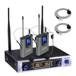 HOTEC UHF Wireless Microphone System with Dual Lapel/Lavalier and Headset Microphones Over PA, Mixer, Speaker, Karaoke Machine for Church, Training, Classroom, Interview (H-K25)