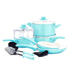 GreenLife Soft Grip Healthy Ceramic Nonstick 12 Piece Cookware Pots and Pans Set, PFAS-Free, Dishwasher Safe, Turquoise
