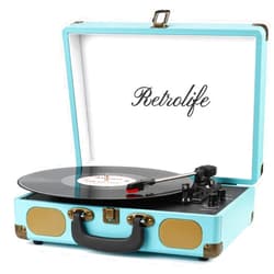 Retrolife Record Player with Speakers 3-Speed Bluetooth Suitcase Portable Vinyl Record Player Belt-Driven RCA Line Out AUX in Headphone Jack Vinyl Vintage Turntable Blue