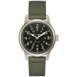 Bulova Men's Military Heritage Hack Veteran's Watchmaking Initiative Watch in Stainless Steel with 3-Hand Automatic, Black NATO Leather Strap Style: 96A259
