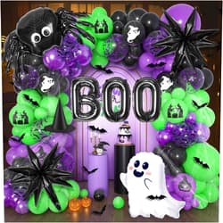 Ouddy Life 170 Pcs Halloween Balloons Garland Arch Kit, Black Purple Green Metallic Purple Balloon with Printed Balloons, Hanging Witch Hat and 3D PVC Bats for Halloween Party Decorations