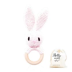 WOODEN TEETHER Crochet Baby Rattle, Crochet Baby Toys, Organic Wooden Newborn Toys, Newborn Animal Rattle Toys，Knitted Stuffed Animals Gifts for Baby, Pink Bunny
