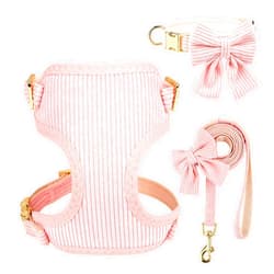 Didog Cute Small Dog Collar Harness & Leash Set, Adjustable Dog Collars and Leashes with Bowtie, Breathable Soft Mesh Padded Dog Vest for Puppies Small Dogs & Cats Walking(Pink, S)