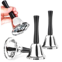 Joyberg 4 Pack Hand Bell, Silver Steel Bell, Ringing Bell with Handle, Dinner Bells for Inside Classroom Bell, for Food Line, Alarm, Jingles, Ringing (Silver)