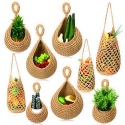 Woanger 9 Pcs Jute Hanging Fruit Baskets for Kitchen Boho Hanging Basket Woven Wall Basket Storage Garlic Keeper for Potato Onion Banana Vegetable Produce Hammock Holder Home Kitchen Decor(Brown)