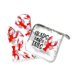 Handmade Crawfish Home Decor | Decorative Kitchen Hot Plate Pot Holder Oven Mitt Set | Heads Or Tails | Red White Southern Crawdads Crayfish Bayou Spring Summer Fall | White Home Decor Decorations
