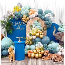 Zesliwy Dusty Blue Sand White Gold Balloons Garland, 152 pcs Fog Blue Sand White Gold Animal Printed Balloons for Boy Baby Shower Birthday Party Decorations…
