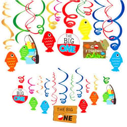 Esrinse 30Ct Gone Fishing Birthday Party Hanging Swirl Decorations, Fishing Theme The Big One Baby First 1st Birthay Party Supplies, Colorful Fish Swirl Celling Decorations Little Fisherman Baby Shower Decor