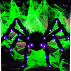 Libima Halloween Spider Decorations 4ft Light up Giant Spider and 200g Glow in The Dark Spider Webs Realistic Light up Hairy Spider Props Outdoor Indoor Plush Spider 26 Purple Lights Scary Spiders
