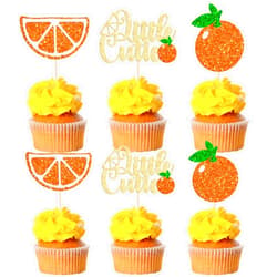 Gyufise 24Pcs Little Cutie Cupcake Toppers Glitter Fruit Orange Cupcake Picks for Citrus Theme Baby Shower Kids Boys Girls Birthday Party Cake Decorations Supplies Gold