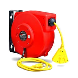 ReelWorks Extension Cord Reel Retractable, 14AWG x 40' Ft 3C SJT, Wall Mount Kit, 3 Outlet/Triple Tap Connector