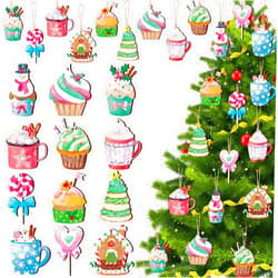 BBTO 36 Pieces Christmas Ornaments Cupcake Candy Wood Ornaments with Rope Christmas Hanging Decoration Hot Cocoa Dessert Wooden Ornaments Coffee Bar Ornaments Wood Xmas Decoration for Tree Home