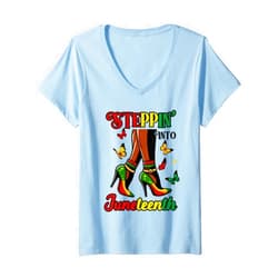 Stepping Into Juneteenth Black History Collection. Womens Stepping Into Juneteenth Afro Woman Black Girls High Heel V-Neck T-Shirt