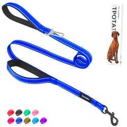 Tpotato 6 Foot Blue Dog Leashes for Large Medium and Small Breed Dogs That Pull,Reflective Nylon Heavy Duty Dog Leash with 2 Comfortable Padded Traffic Handles and Car Seat Belt for Walking and Training