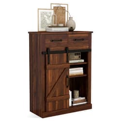 AILEEKISS Farmhouse Storage Cabinet Modern Buffet Sideboard with 2 Drawers & Barn Door Freestanding Kitchen Pantry Cabinet Coffee Bar Cabinet for Dining Room, Living Room, Bathroom, Entryway (Brown)
