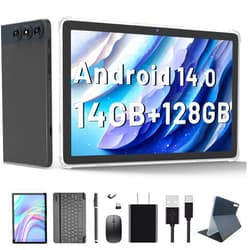 KADYBE Android 14 Tablet, 2024 Latest Tablet 10 inch 128GB Storage 1TB Expandable 14GB RAM, 4G Sim Slot Tablet with keyboard Support 5G WiFi Bluetooth 5.0 GPS, 7000 mAh, Octa-Core Processor, FHD IPS Display