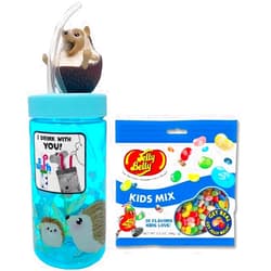 LYZA'S SWEETS & TREATS Sip With Me Cup Gift Combo - 12 oz. Cup With Kids' Themed Built-In Straw & Candy Bag By Lyza's Sweets & Treats (Hedgehog)