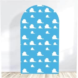 Lrrtwer Arch Backdrop Cover Blue Sky White Clouds Background Boy Story Cartoon Hero Newborn Toy Theme Party Decoration Baby Shower Kids Birthday Decor Props (6.6FT)
