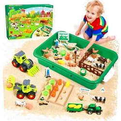 FRUSE Play Sand Farm Toys,Sensory Bins for Toddlers with 2.2lbs Sensory Play Sand,Farm Figures & Tractor Playset,Sandbox Toys for Kids 3 4 5 6 7