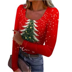 GOFULY Christmas Shirts for Women Sexy Long Sleeve Ribbed Christmas Tops Boatneck Snowman Xmas Tree Print T Shirt Outfits