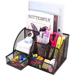 Boutilon Mesh Desk Organizer Desktop Office Supplies Stationary Organizer with 6 Compartments and 1 Drawer Multi-Functional Caddy Pen Holder for Home Office School Desk Decor(Black)