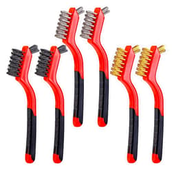 YiwerDer 6Pcs Mini Wire Brush Set, Stainless Steel/Brass/Nylon Bristles Wire Brushes, Curved Handle Soft Grip for Rust, Dirt & Paint Scrubbing with Deep Cleaning – 7 Inches (Red)