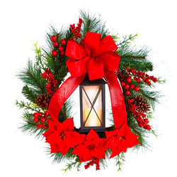 Nearly Natural 28in. Poinsettia and Berry Holiday Lantern Christmas Wreath with LED Candle,Red