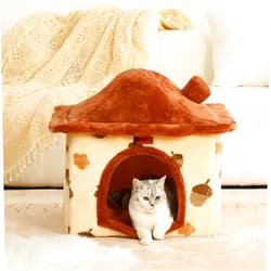 KZLAA Cat House for Indoor Cats - Washable Cat House Tent with Soft and Self Warming Kitten Beds & Furniture, Pet Bed (Brown)