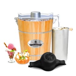 Elite Gourmet Old Fashioned 4 Quart Vintage Appalachian Wood Bucket Electric Ice Cream Maker Machine, Bonus Classic Die-Cast Hand Crank for Churning, Uses Ice and Rock Salt Churns Ice Cream in Minute