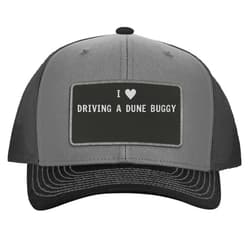 One Legging it Around I Heart Love Driving A Dune Buggy - Leather Black Patch Engraved Trucker Hat