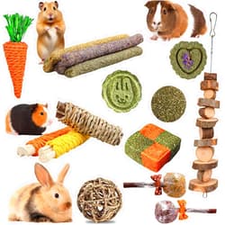 HERCOCCI HERCOOCI 18Pcs Rabbit Chew Toys, Bunny Treats and Ball Timothy Hay Stick Toys for Rabbit Bunny Guinea Pig Chinchilla Hamster Teeth Care