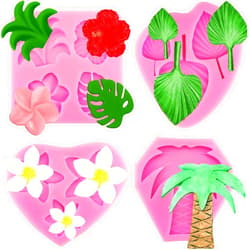 JJzxwish 4 Pcs Tropical Flowers Leaves Mold Fan Leaf Fondant Mold Hibiscus Flower Monstera Leafage Palm Leaf Plumeria Flower Silicone Molds for DIY Chocolate Candy Cupcake Cake Topper Hawaiian Party Decoration