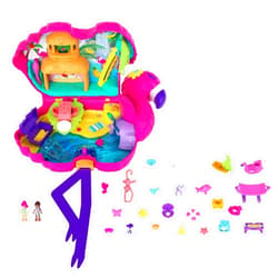 Polly Pocket Travel Toy, Flamingo Party Playset with 2 Micro Dolls & 26 Surprise Accessories, Animal Toy Compact