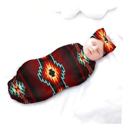 OLGCZM Baby Girl Newborn Receiving Blanket with Headband Set Baby Swaddle Aztec Tribal Nursery Swaddle Wrap